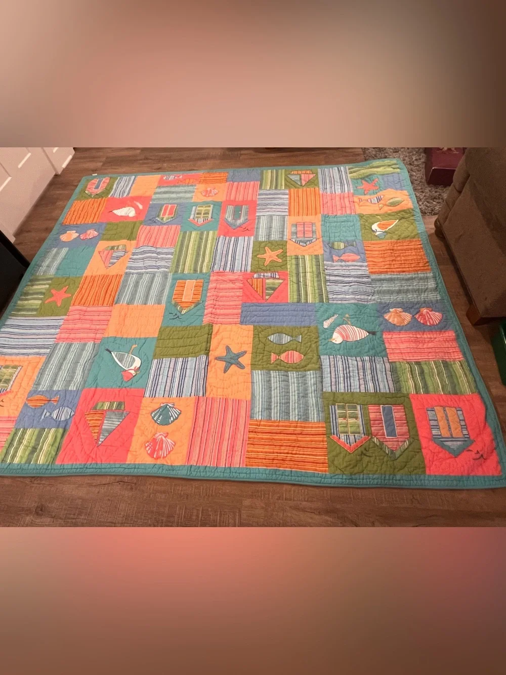 The Company Store Coastal Patchwork Quilt in Coral, Teal & Green 100x90” king